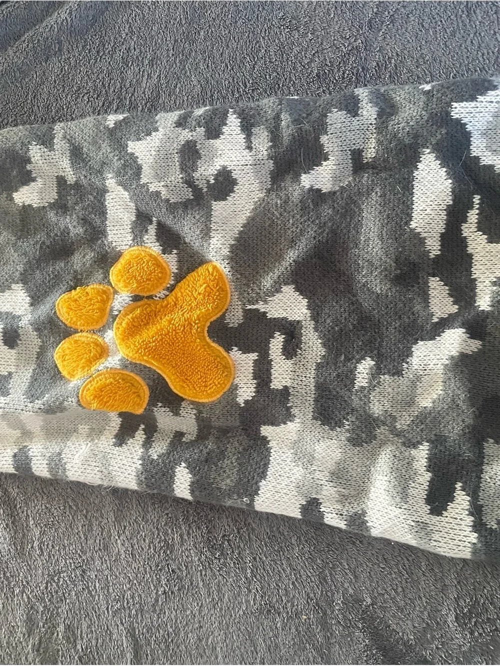 Gray Camo Dog Blanket with Yellow Paw Patch